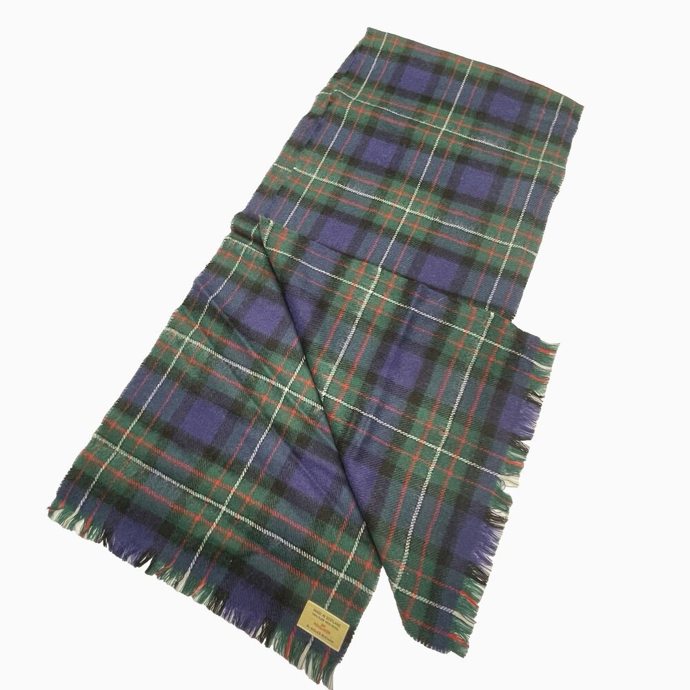 Ingles Buchan Ferguson Scotland Scarf Wool Fringe Plaid Green Blue Red White